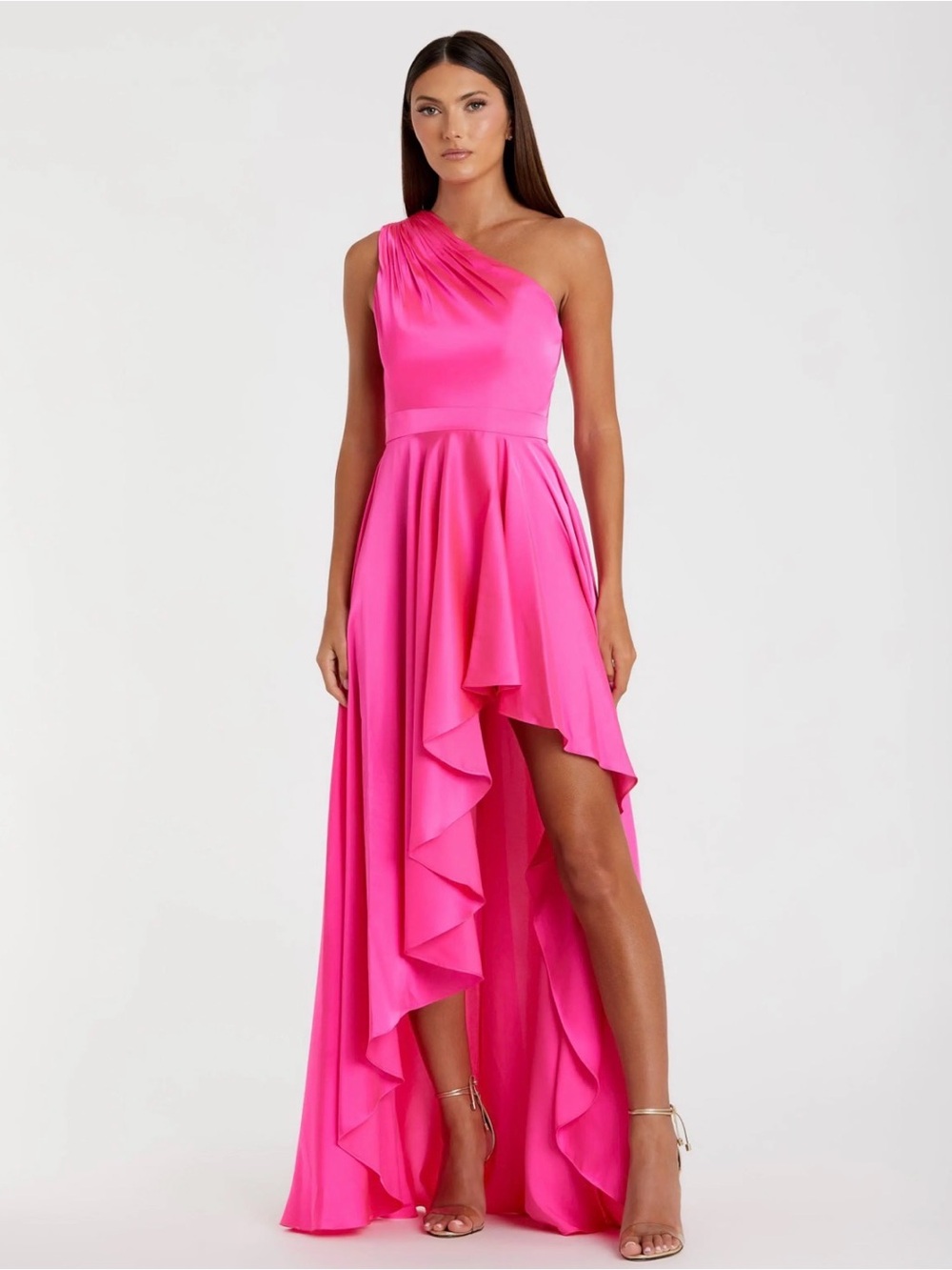 IEENA for Mac Duggal Hot Pink Satin One Shoulder High Low Gown 49668 size L NWT